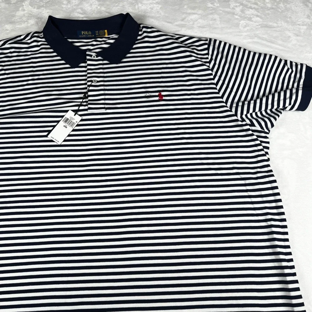 Polo Ralph Lauren Mens 6XB Navy White Striped Short Sleeve Polo Shirt